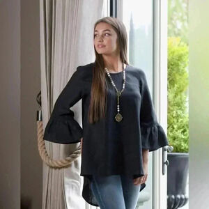 Crown Linen Bella Bell Sleeve Top - Charcoal Gray NWOT M